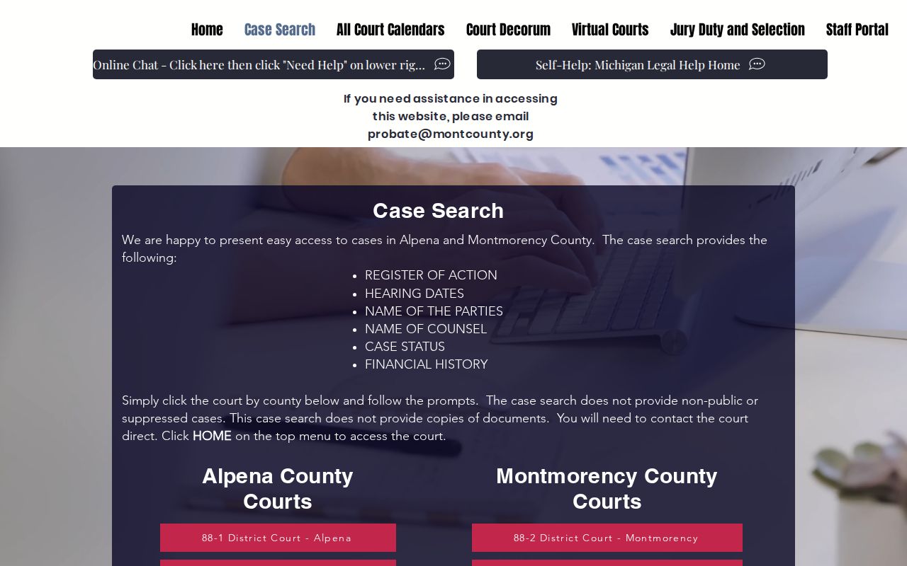 Montmorency County booking case disposition search interface