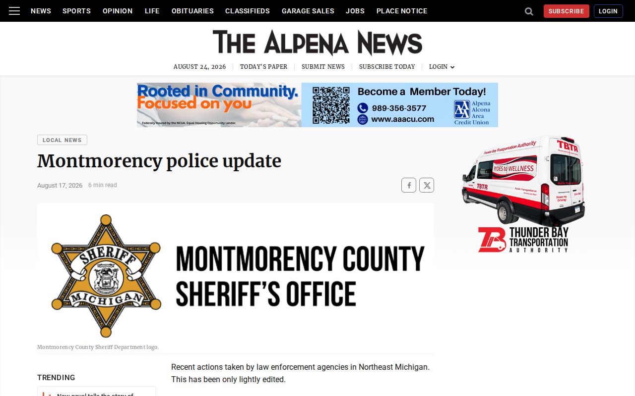 Montmorency County weekly police update from The Alpena News